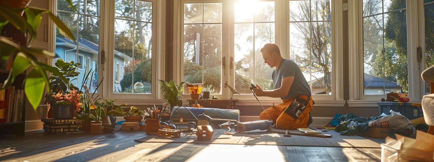 a professional technician meticulously installs a storm window in a well-organized, modern living room, surrounded by protective coverings and tools, while communicating clearly with a homeowner.