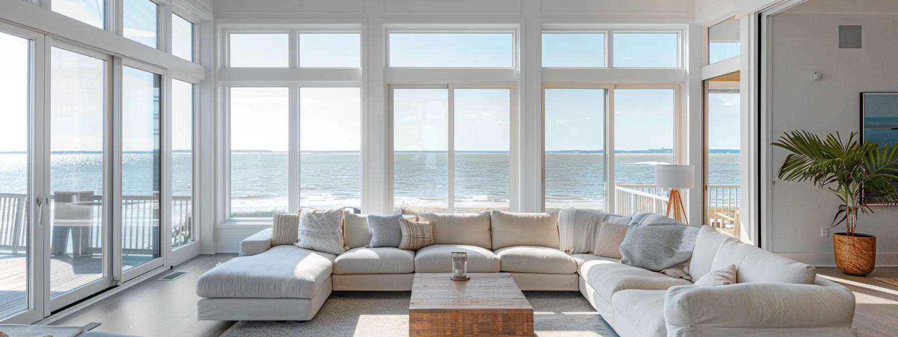 a sleek, modern coastal living room showcases energy-efficient windows that reflect the vibrant seaside view, with bright, inviting interiors emphasizing comfort amidst the dynamic coastal climate of new jersey.