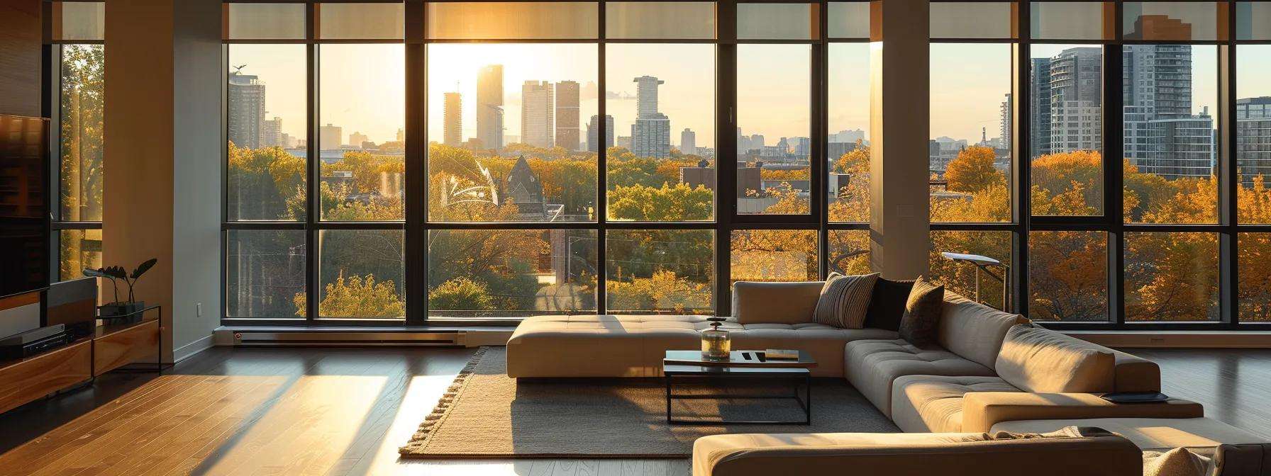 a sleek, modern home interior features large, energy-efficient fiberglass window frames that elegantly showcase a panoramic urban skyline, emphasizing their strength and stylish design in a contemporary architectural setting.