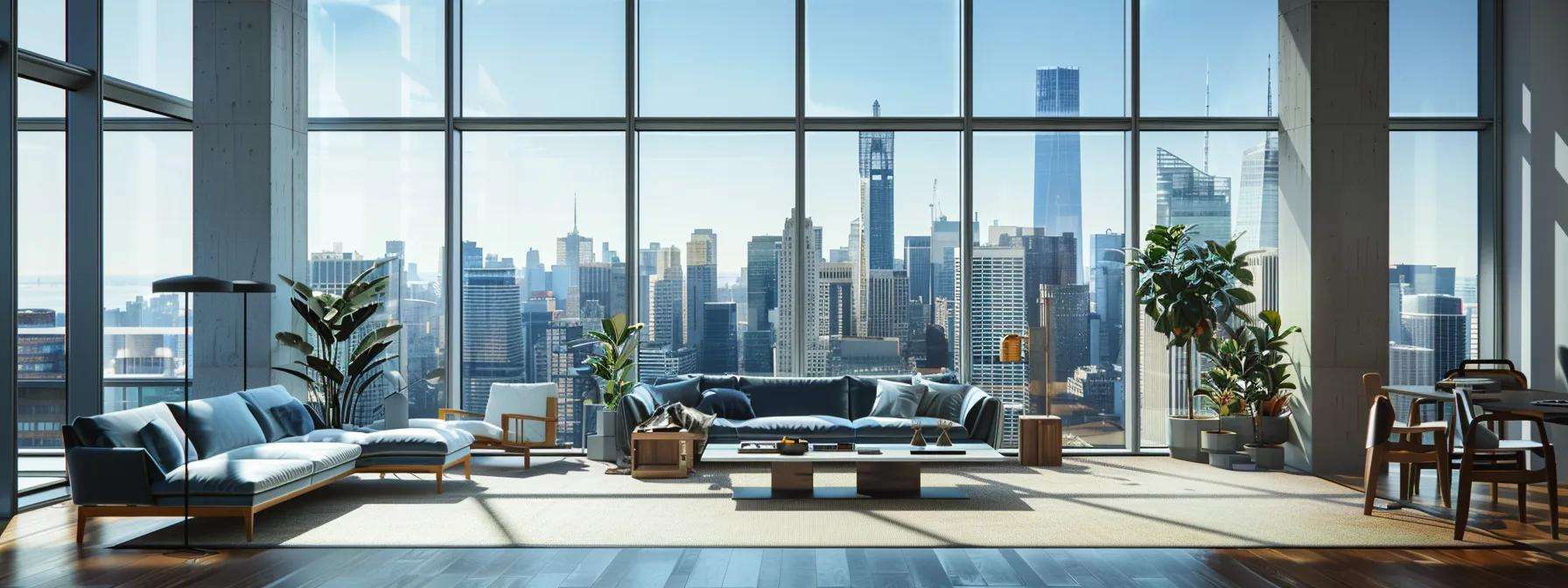 a sleek, modern home office features a large wall of smart windows displaying an urban skyline, with a contractor carefully examining the installation process alongside advanced technology tools and equipment.