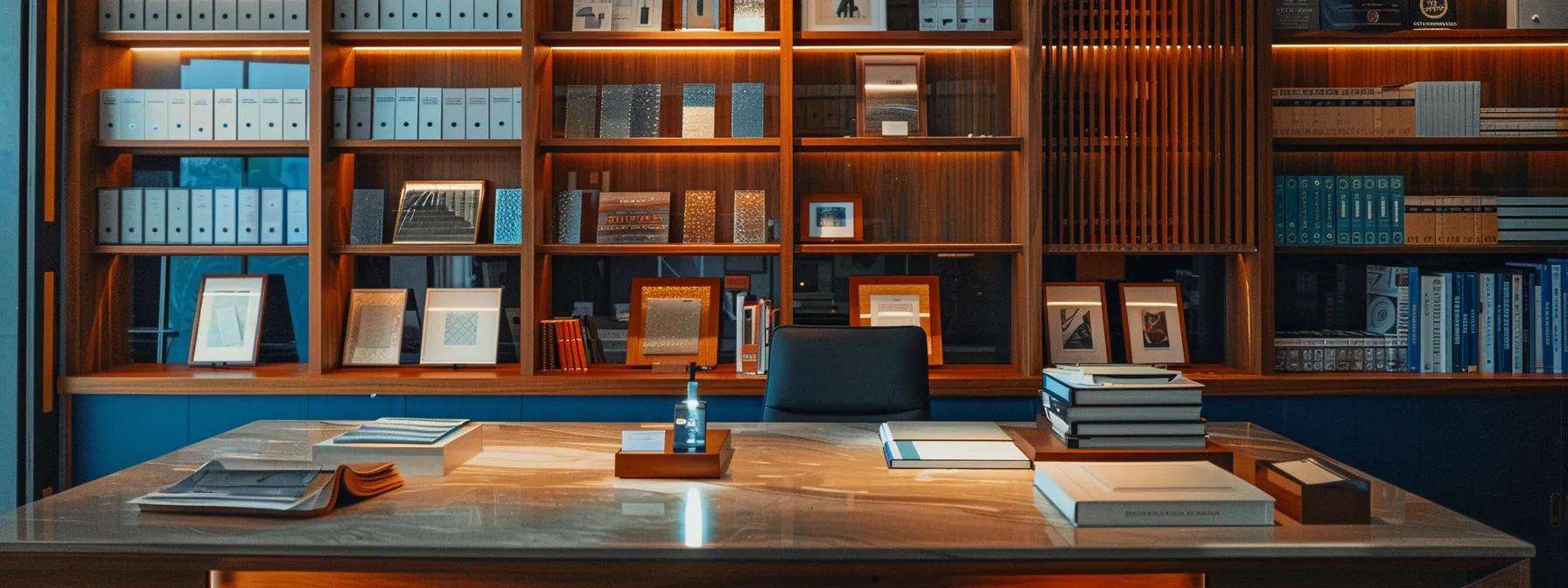 a sleek, modern home office showcases an array of storm window samples prominently displayed on a polished desk, reflecting varying materials and designs under bright, ambient lighting to emphasize their distinct features and quality.