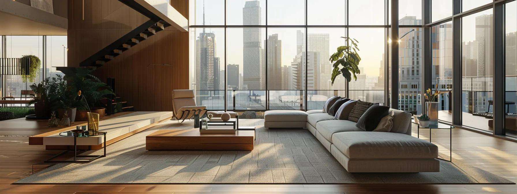 a sleek, modern living room showcases large, high-tech smart windows with a view of a contemporary urban skyline, reflecting sunlight while seamlessly blending style and energy efficiency.