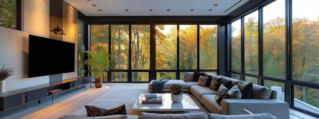 a sleek, modern living room showcases an array of stylish windows with varying designs and colors, illuminated by soft indoor lighting to highlight the premium craftsmanship of top window brands for new jersey homes.