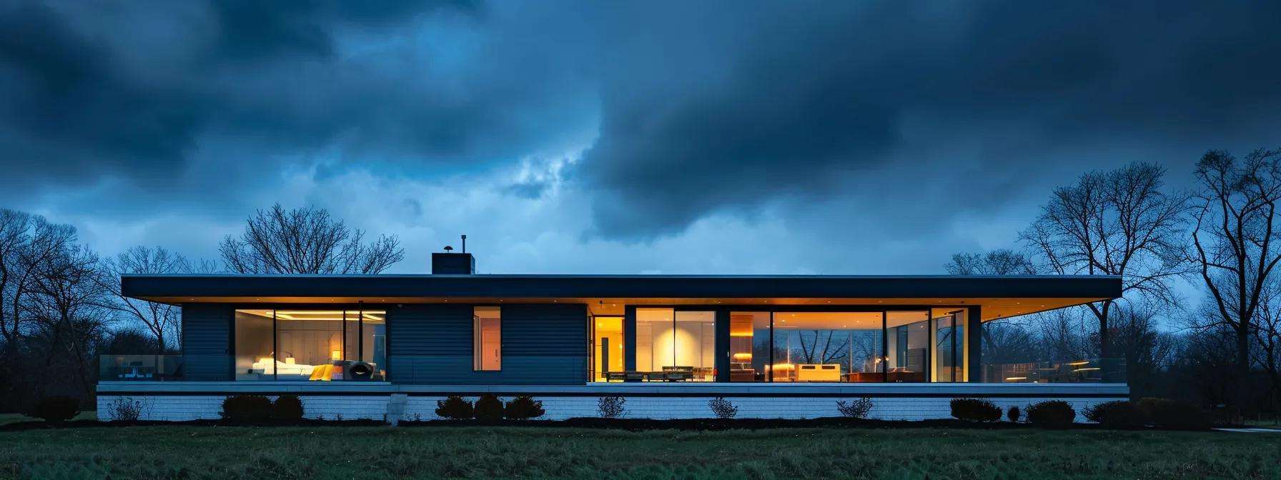 a sleek, modern new jersey home features large, clear impact-resistant glass windows framed by dark, contemporary siding, dramatically showcasing the robust design while hinting at the stormy weather outside through a blurred, menacing sky.