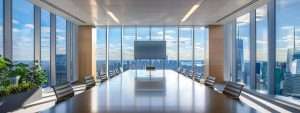 a sleek, modern office conference room features a large, polished table with side-by-side comparisons of vibrant vinyl and sleek fiberglass window frames displayed prominently on digital screens, highlighting their unique attributes against a backdrop of new jersey's distinctive urban skyline through expansive windows.