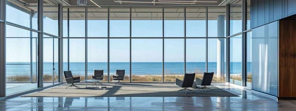 a sleek, modern office environment showcases a series of high-performance windows, their glass panes reflecting the tumultuous weather of coastal nj outside, emphasizing the stark contrast between durability and the elements.