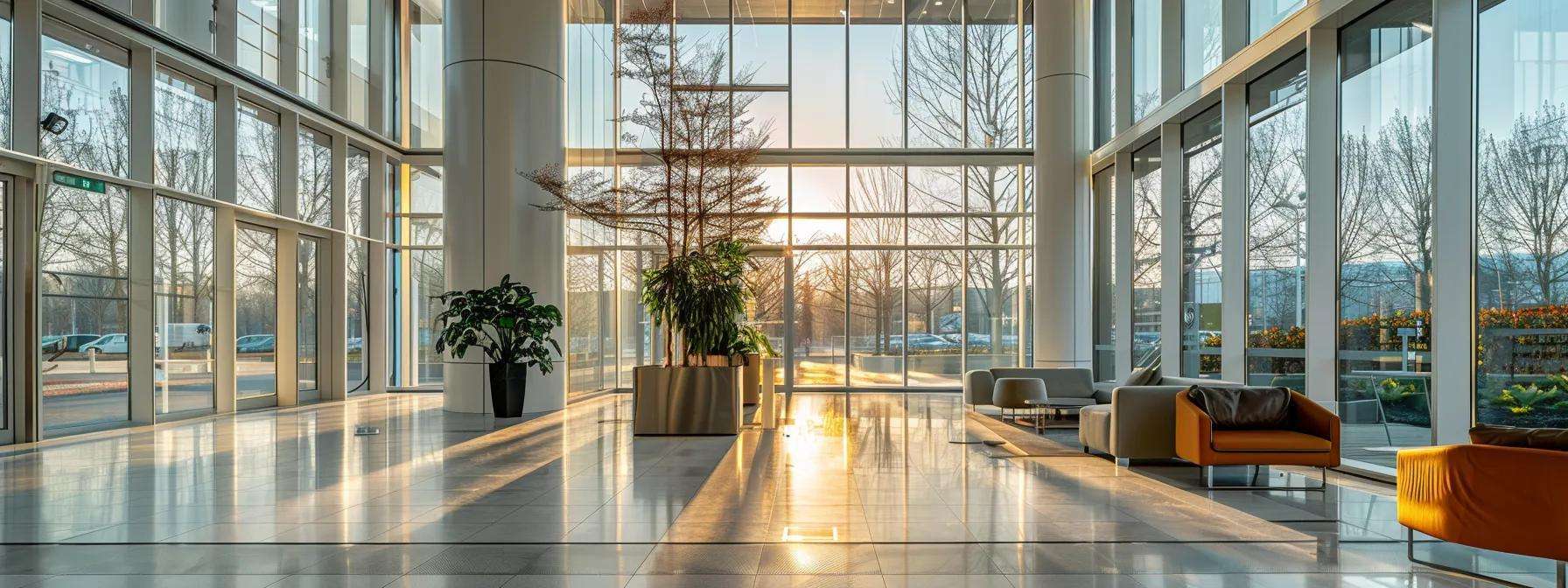 a sleek, modern office interior features smart windows with dynamic tinting technology, showcasing a sophisticated interface that integrates seamlessly with digital devices and solar power elements, reflecting innovation and energy efficiency.