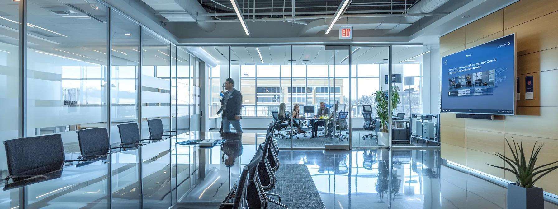 a sleek, modern office interior showcases a professional discussing window replacement options with a client, highlighted by clear, energy-efficient window samples and informative brochures spread across an elegant conference table.