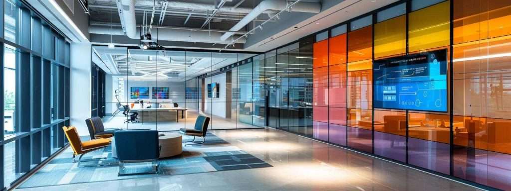 a sleek, modern office interior showcases a large wall-mounted timeline graphically detailing the steps and phases of a window replacement project, with vibrant colors emphasizing key milestones against a backdrop of high-tech tools and equipment.