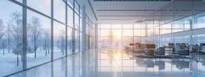 a sleek, modern office interior showcases triple-pane windows, dramatically highlighting their energy-efficient design as frost delicately clings to the glass while warm ambient light emanates from the interior, illustrating the contrasting benefits of insulation in a cold winter setting.