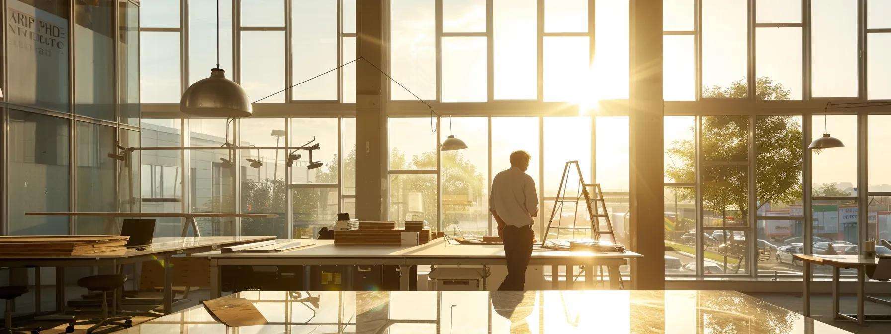 a sleek, modern office setting illustrates the meticulous window replacement installation process in new jersey, featuring a professional contractor inspecting high-quality materials against a backdrop of large windows that enhance the interior's aesthetic appeal.