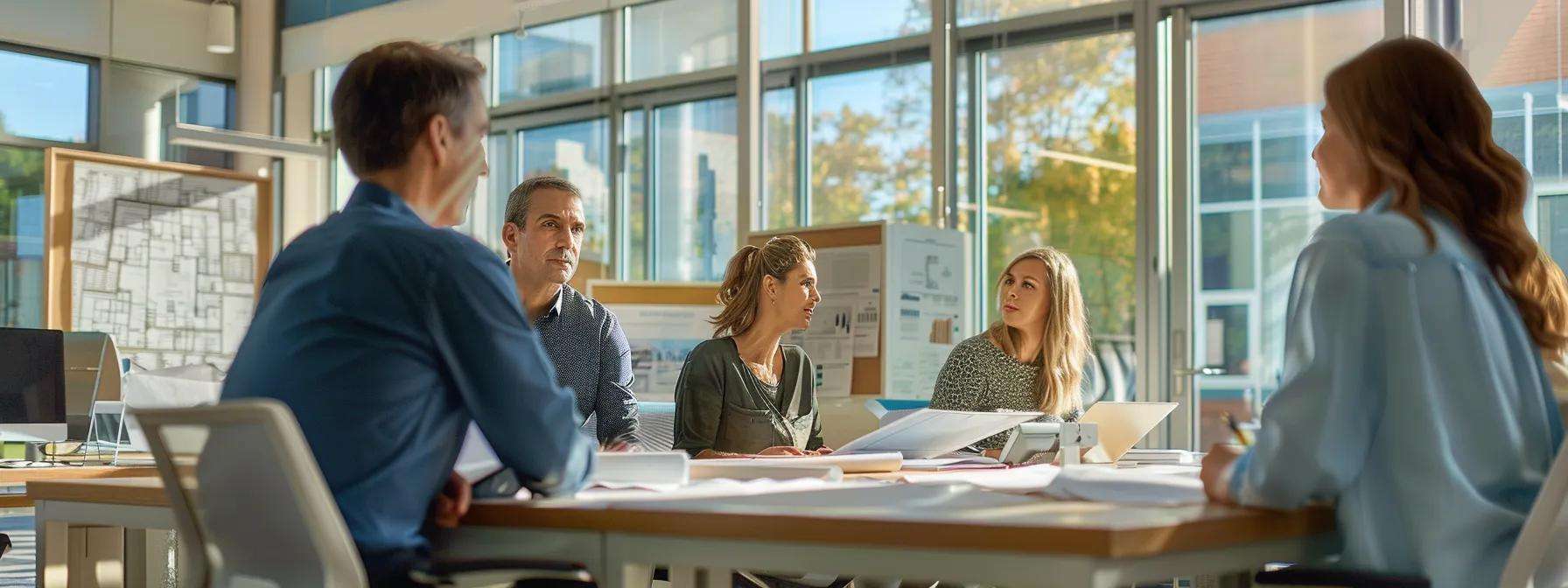 a sleek, modern office setting showcases a diverse team of professionals engaged in a collaborative discussion, surrounded by architectural blueprints and energy-efficient window samples, highlighting expert services for traditional window installation in historic new jersey homes.