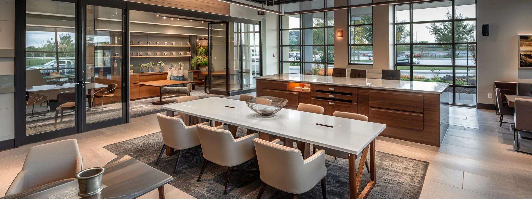 a sleek, modern office setting showcases a display of top storm window brands, featuring elegant samples from andersen, pella, and window world, highlighted under focused, warm lighting that emphasizes their innovative designs and energy-efficient features.