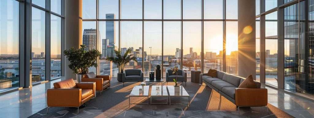 a sleek, modern office with expansive windows showcasing a vibrant city skyline, where sunlight streams through uv-blocking glass, highlighting the contrast between the heat outside and the comfortable interior environment.