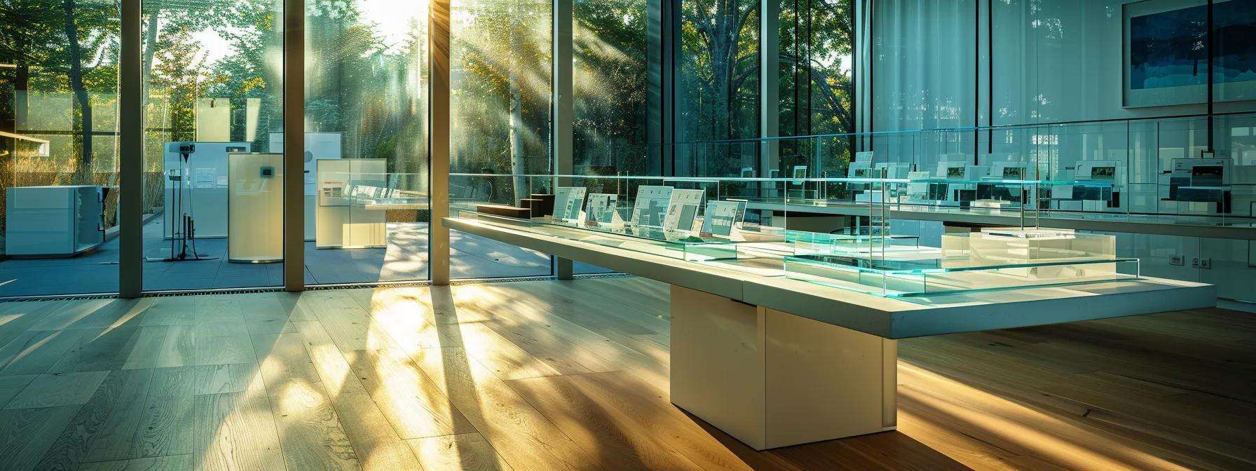 a sleek, modern office workspace showcases a variety of uv-blocking glass samples displayed on a stylish table, with natural light streaming through large windows, emphasizing the glass's clarity and energy-efficient properties.