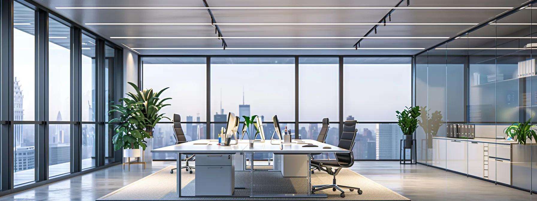 a sleek office setting displaying a modern window installation, showcasing high-quality aluminum, vinyl, and composite storm windows, illuminated by bright fluorescent lighting, emphasizing their durability and energy efficiency in a climate-appropriate context.