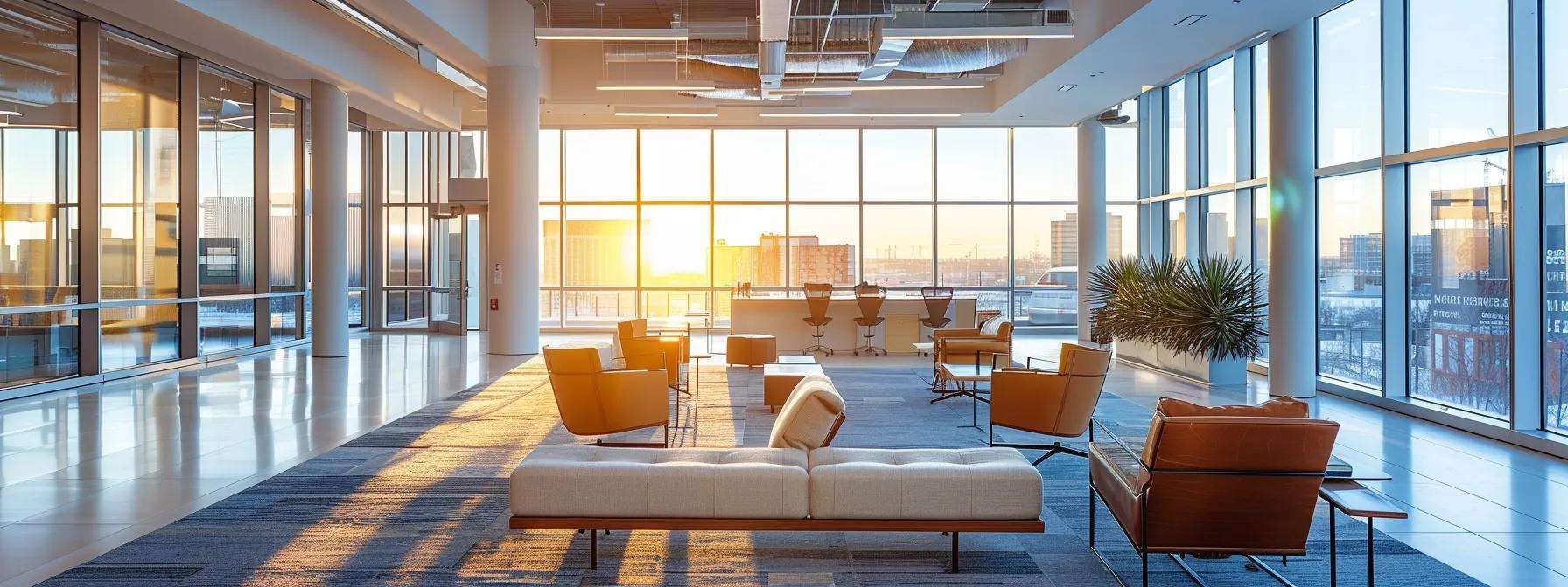 a sleek urban office setting showcases a modern display of triple-pane windows, highlighting their superior insulation properties through a visually striking contrast of frosty outdoor conditions against a warm, inviting interior.