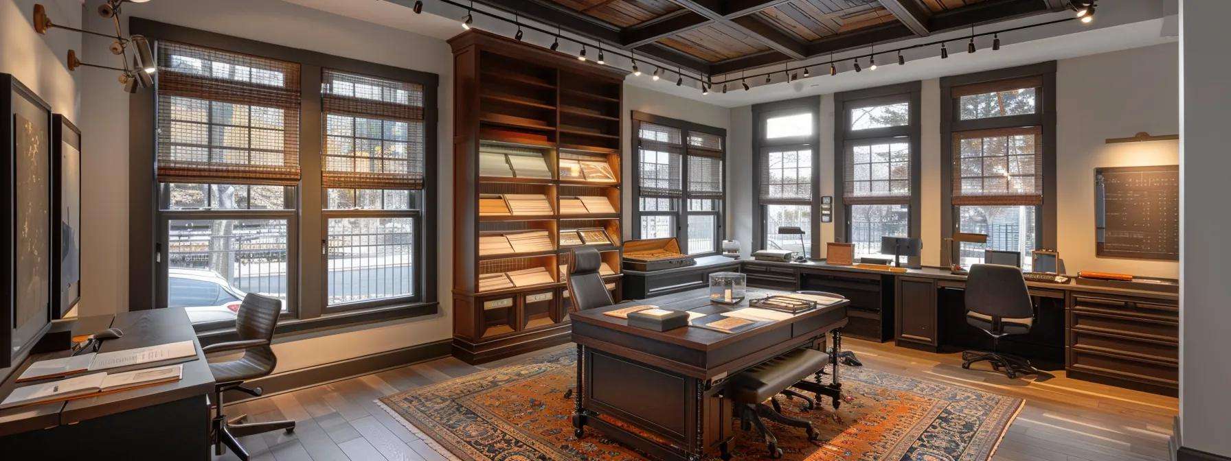 a sophisticated office setting features an elegant display of various replacement window styles, showcasing intricate historical designs alongside efficient modern materials, all illuminated by focused overhead lighting to emphasize details and contextual authenticity for historic homes in new jersey.