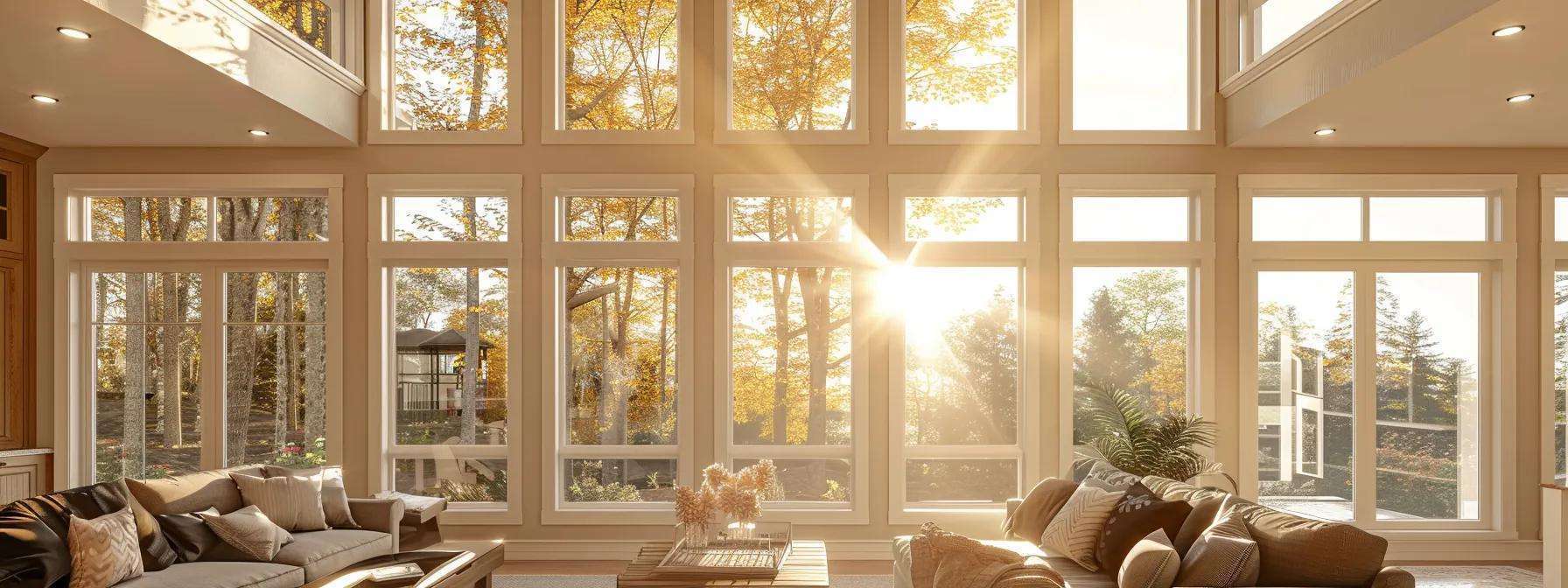 a stylish, modern home interior showcasing a diverse selection of newly installed vinyl and wooden windows, elegantly arranged to highlight their unique designs and energy-efficient features in a well-lit urban setting.