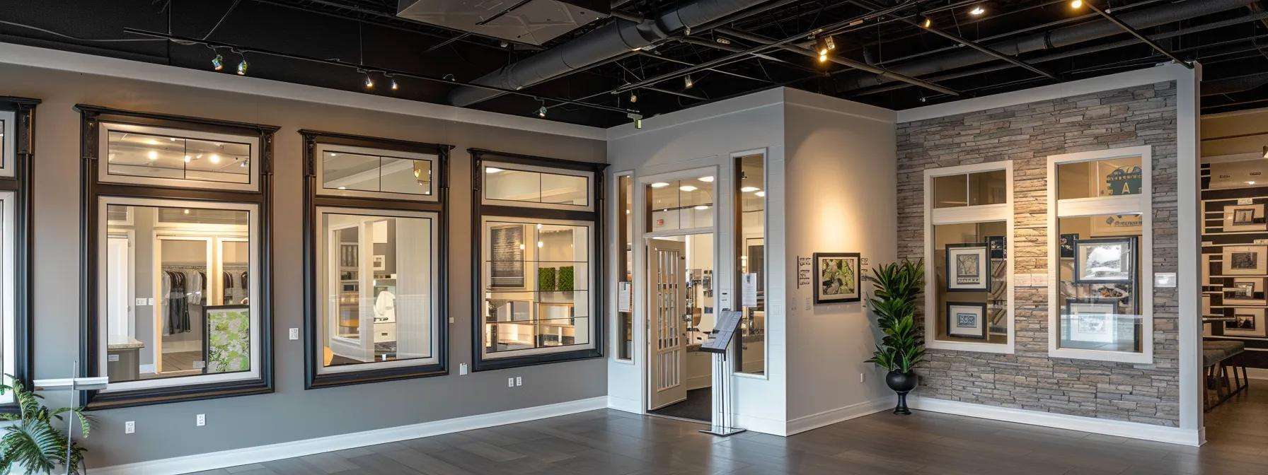 a well-lit urban home improvement shop displays an array of modern, energy-efficient storm windows, showcasing various styles and colors, emphasizing their sleek designs and insulation features against a backdrop of winter weather visuals.