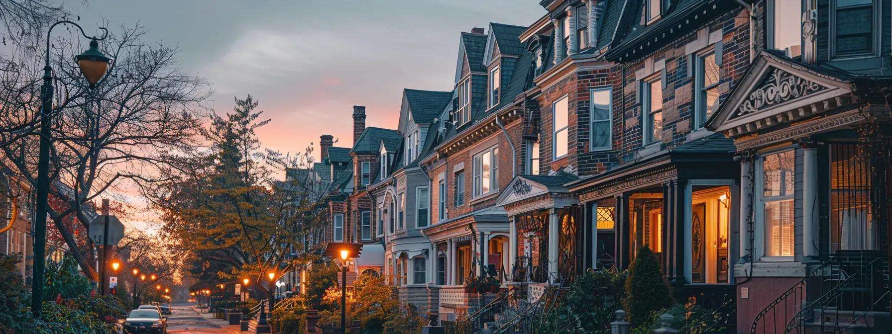 an elegant row of classic new jersey homes showcasing a variety of architectural window styles, each uniquely framed and contributing to the charm of a historic neighborhood, captured in warm, inviting evening light.
