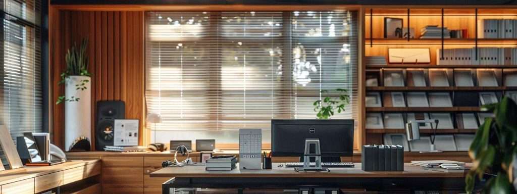 an organized office space features a detailed window installation checklist prominently displayed on a sleek desk, with a backdrop of modern window samples showcasing various styles and materials, illuminated by bright, professional lighting.
