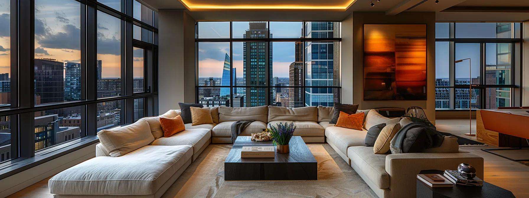 a modern living room in a stylish new jersey home features sleek uv-blocking windows, with homeowners engaged in a detailed discussion about their lifespan and cost-effectiveness against a backdrop of elegant décor and a hint of the vibrant urban skyline outside.